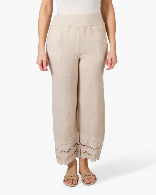 Beige Linen and Lace Cuffed Pull On Pants