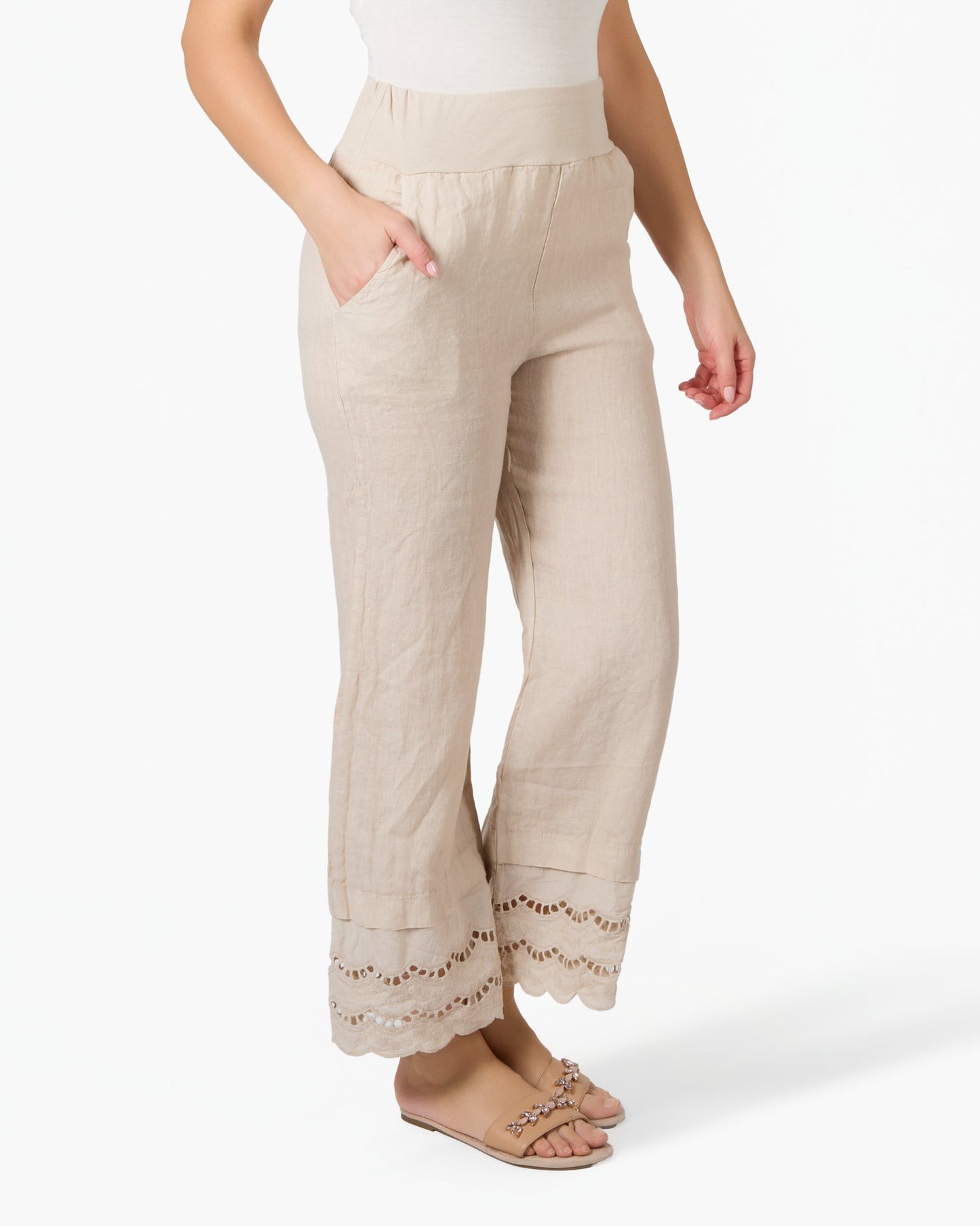 Beige Linen and Lace Cuffed Pull On Pants