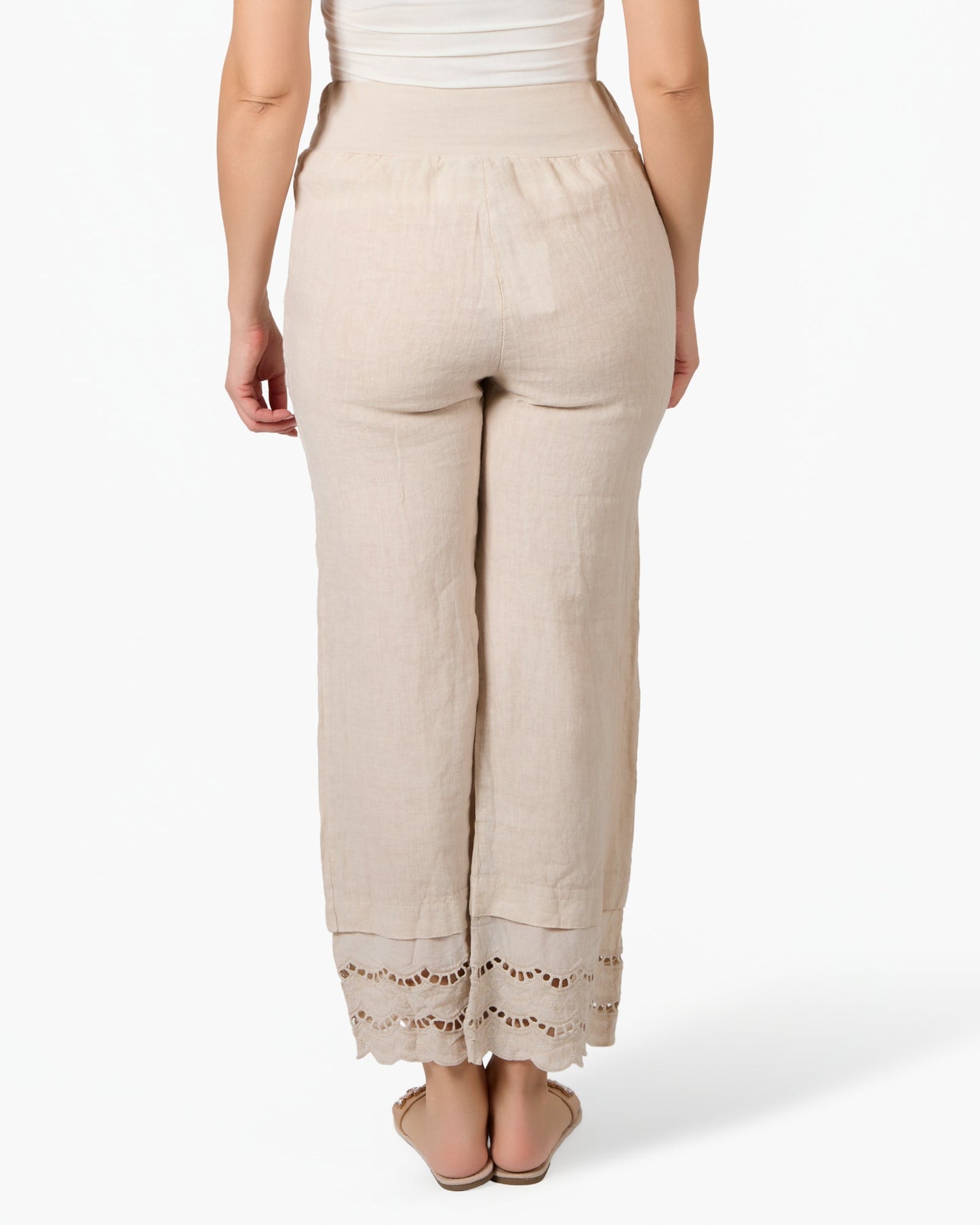 Beige Linen and Lace Cuffed Pull On Pants