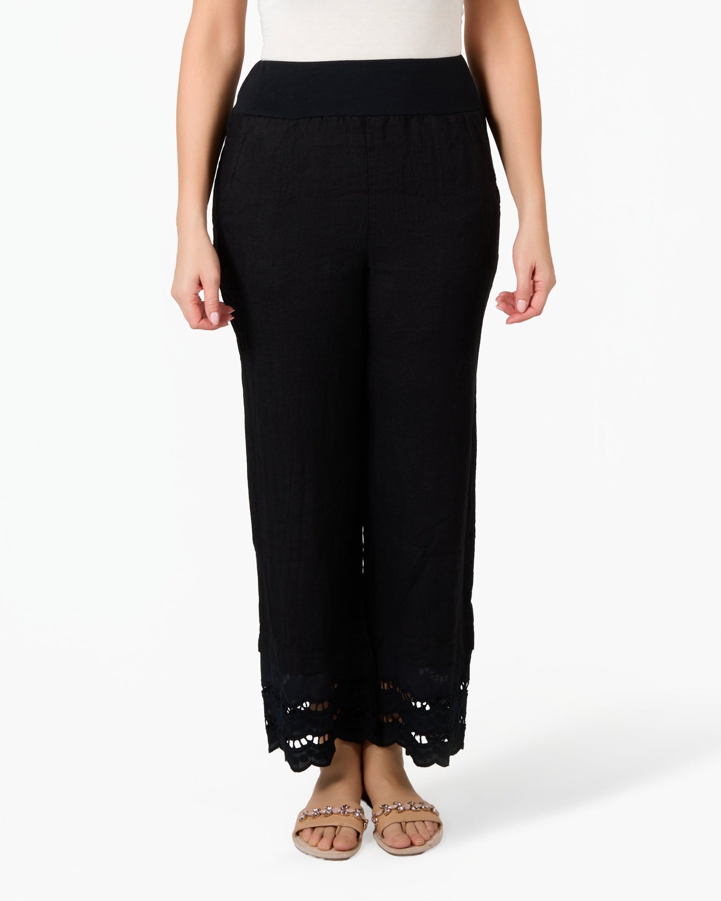 Black Linen and Lace Cuffed Pull On Pants