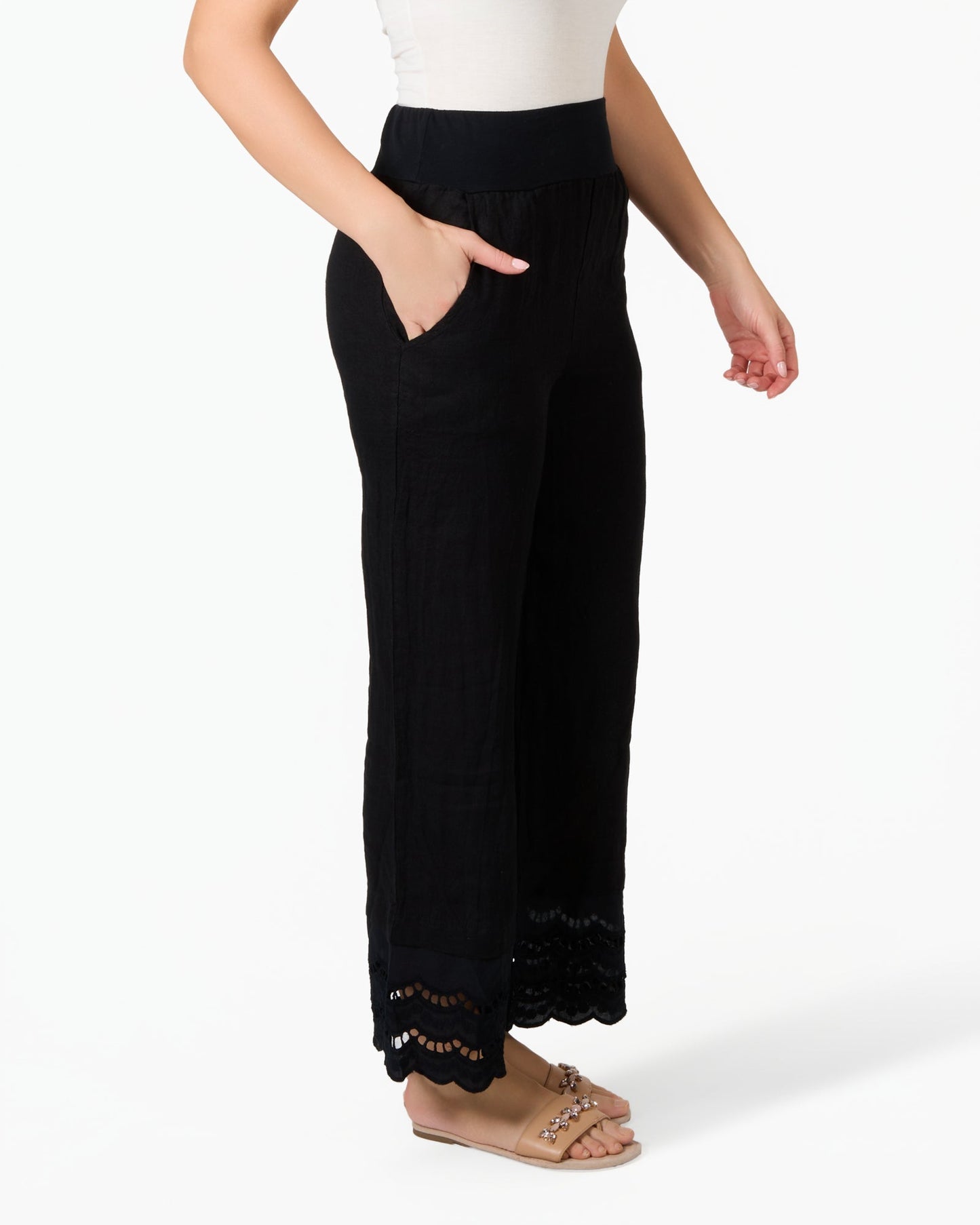 Black Linen and Lace Cuffed Pull On Pants