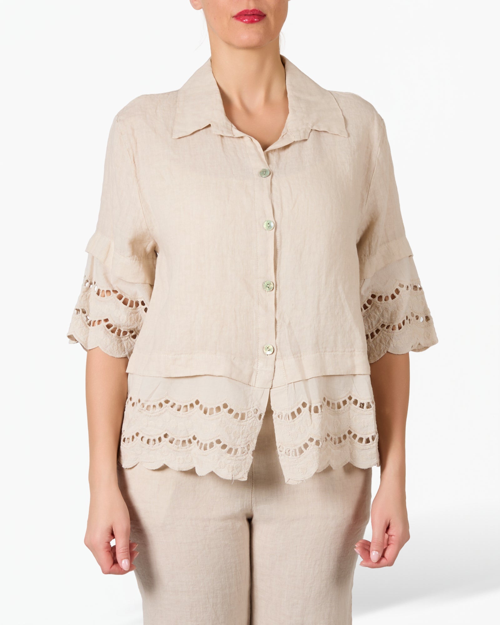 Beige Linen and Lace Cuffed Button Front Blouse