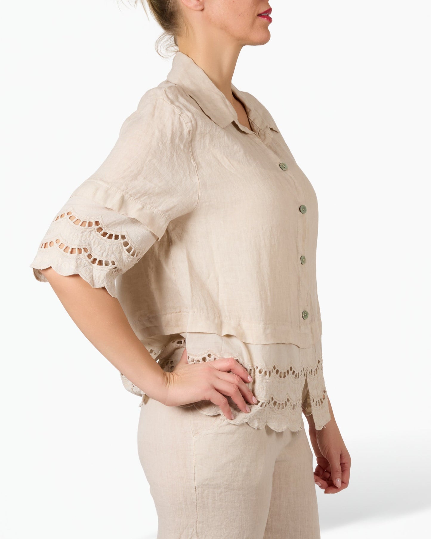 Beige Linen and Lace Cuffed Button Front Blouse
