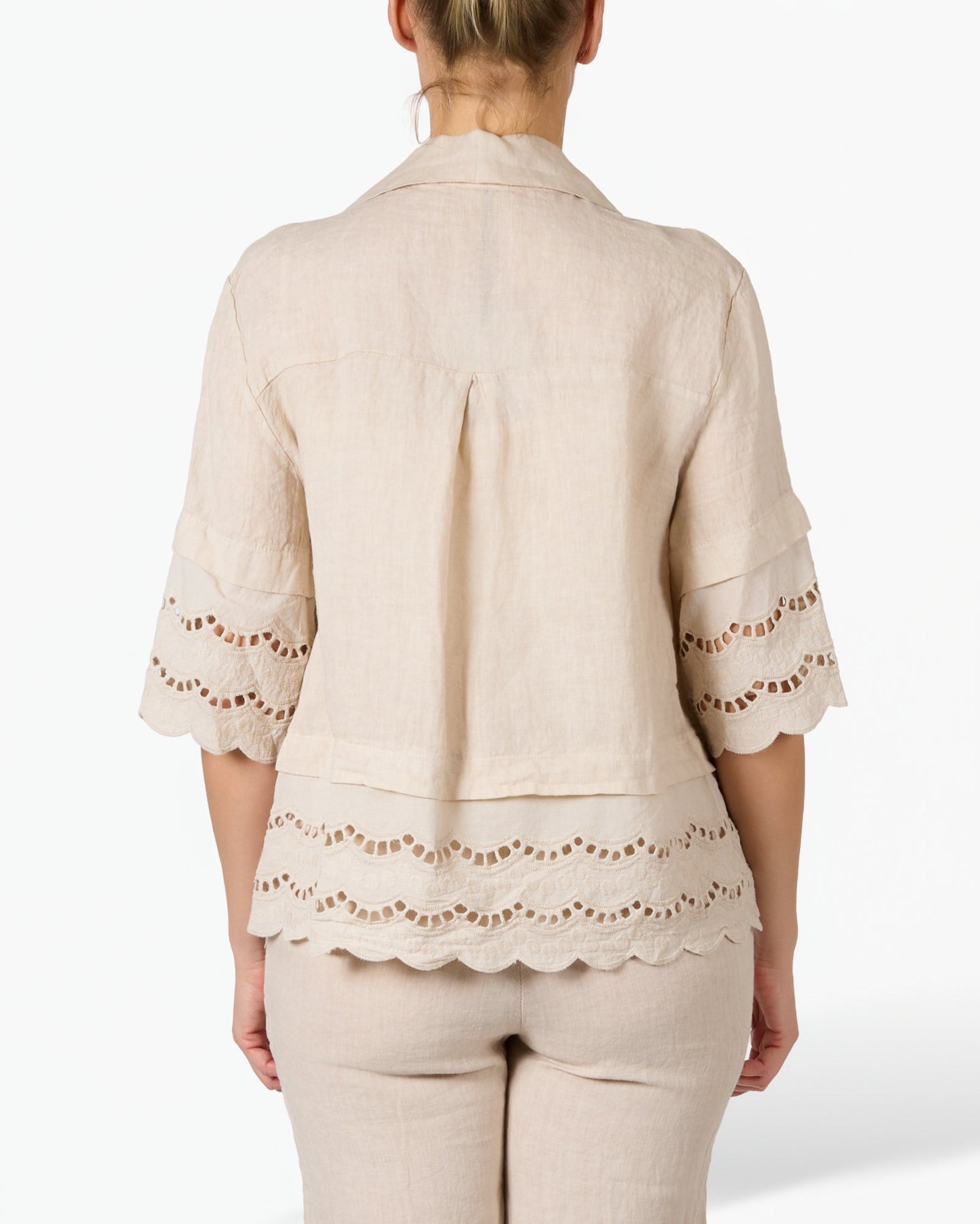 Beige Linen and Lace Cuffed Button Front Blouse