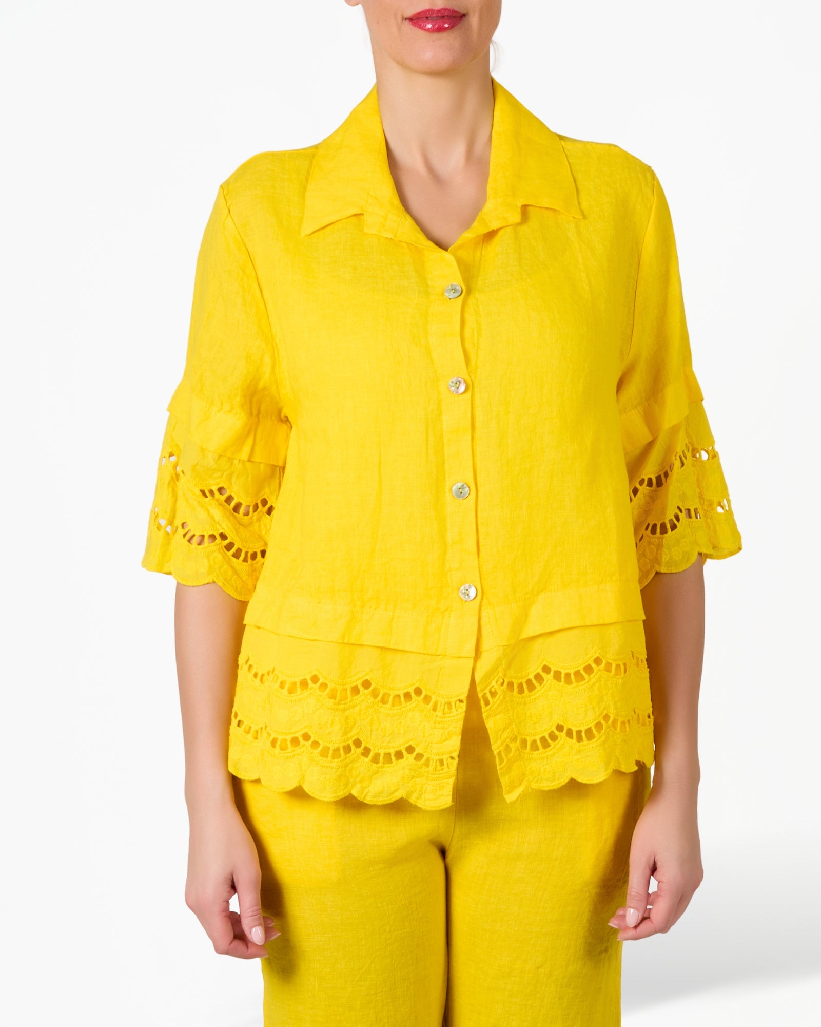 Yellow Linen and Lace Cuffed Button Front Blouse