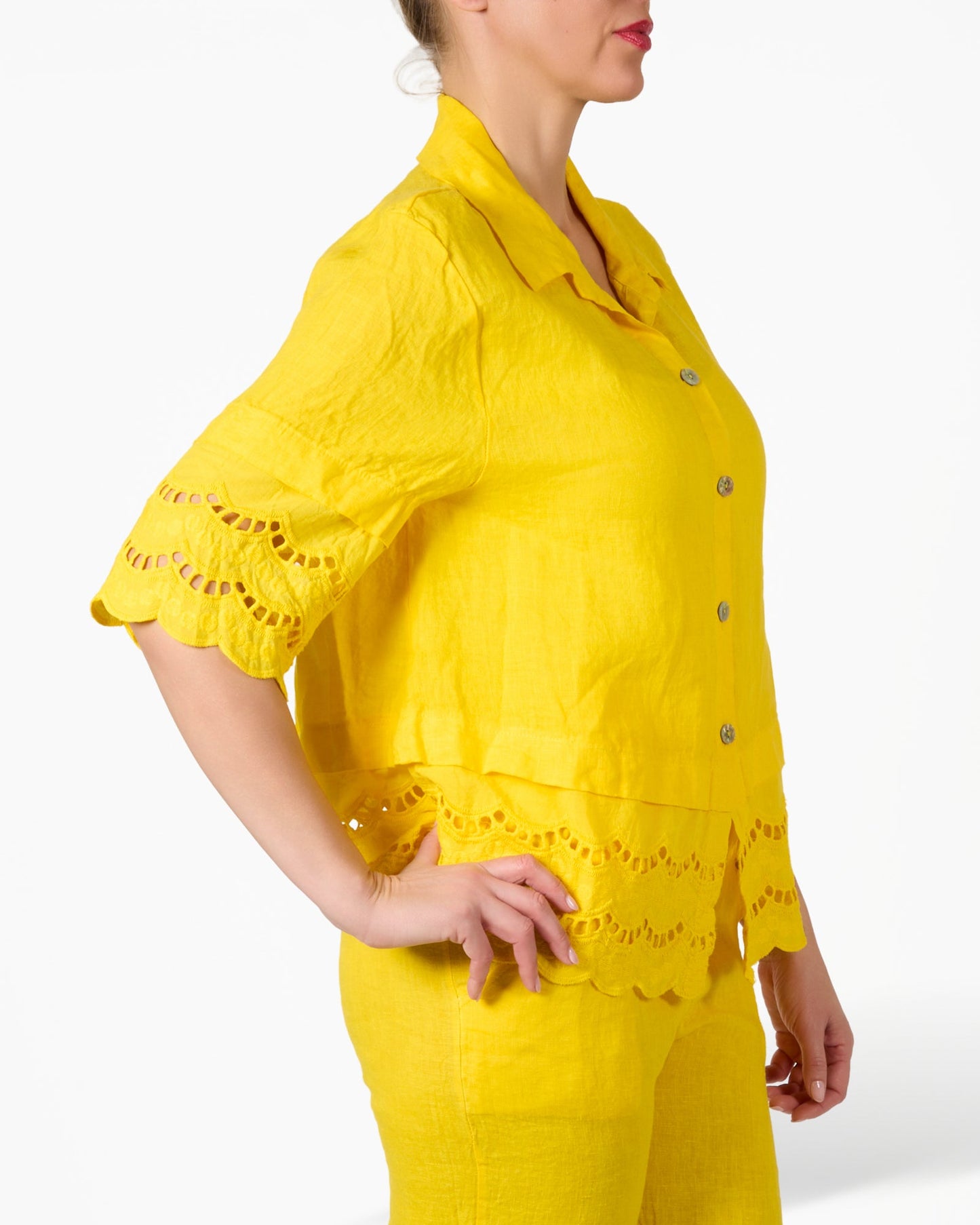 Yellow Linen and Lace Cuffed Button Front Blouse
