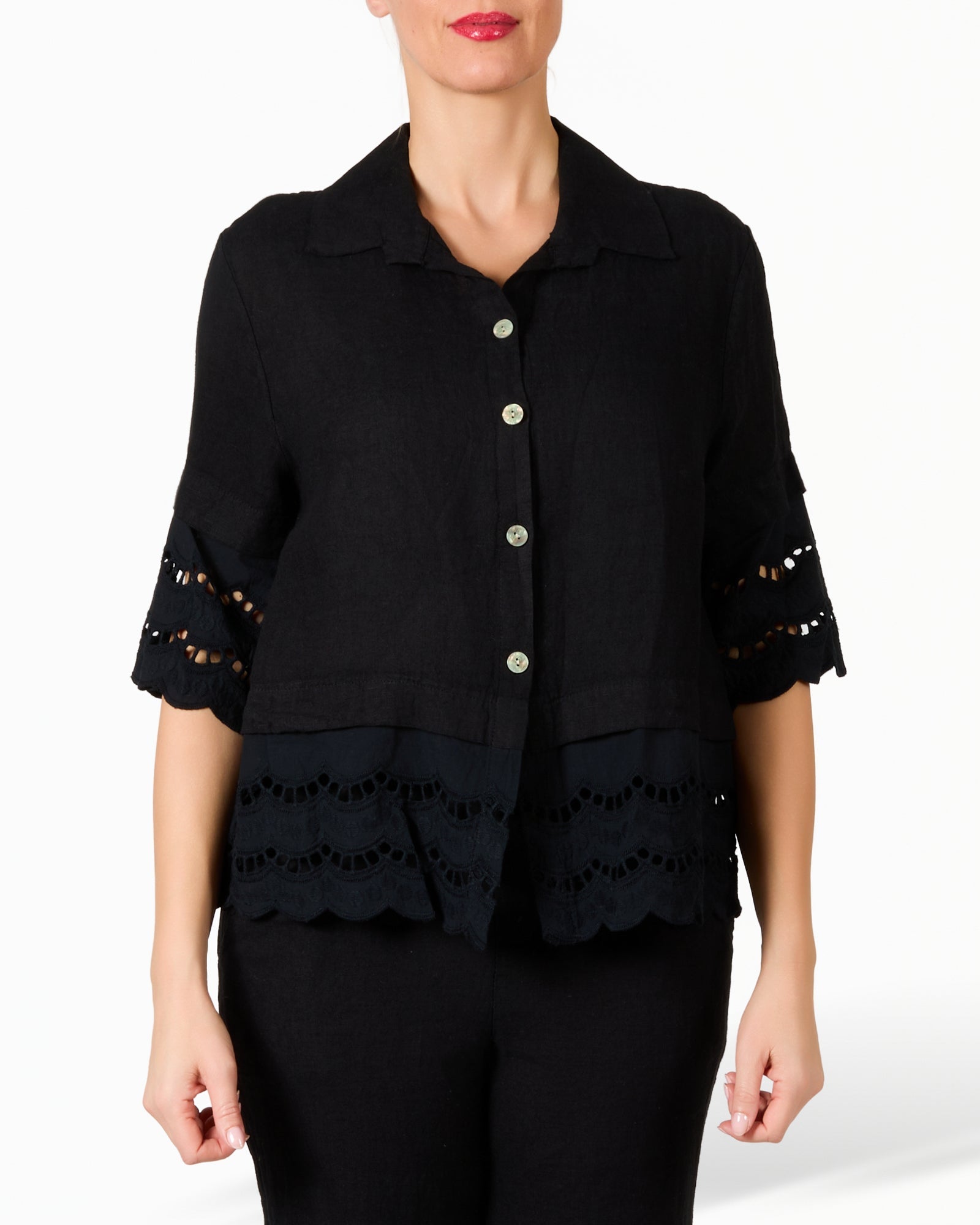 Black Linen and Lace Cuffed Button Front Blouse
