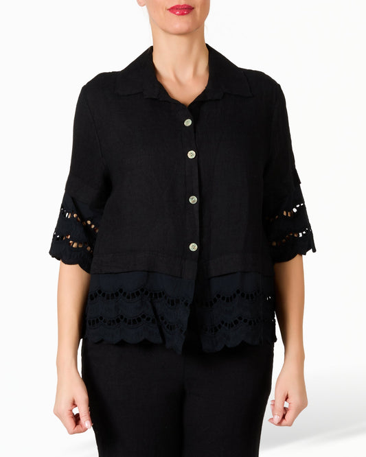 Black Linen and Lace Cuffed Button Front Blouse