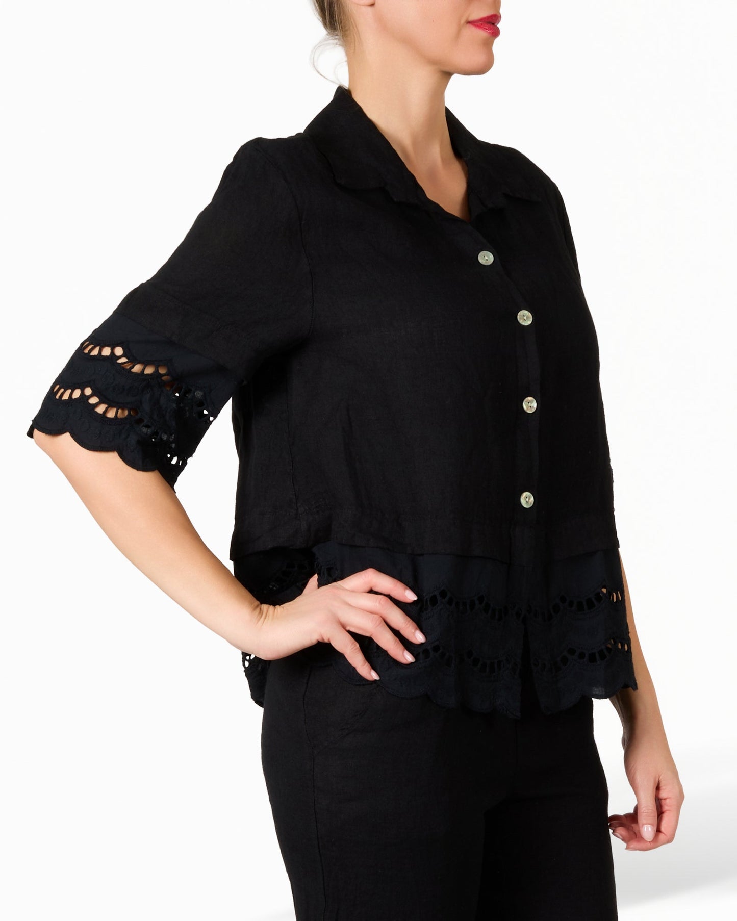 Black Linen and Lace Cuffed Button Front Blouse