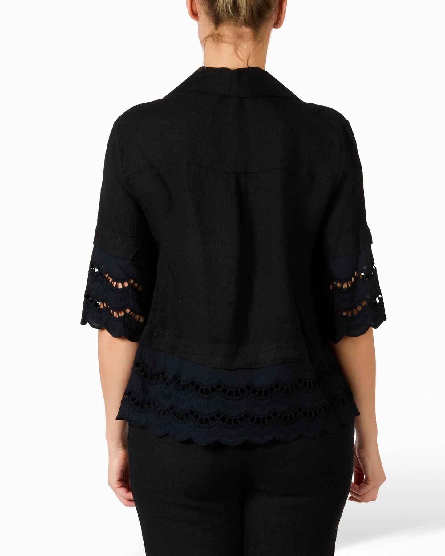 Black Linen and Lace Cuffed Button Front Blouse