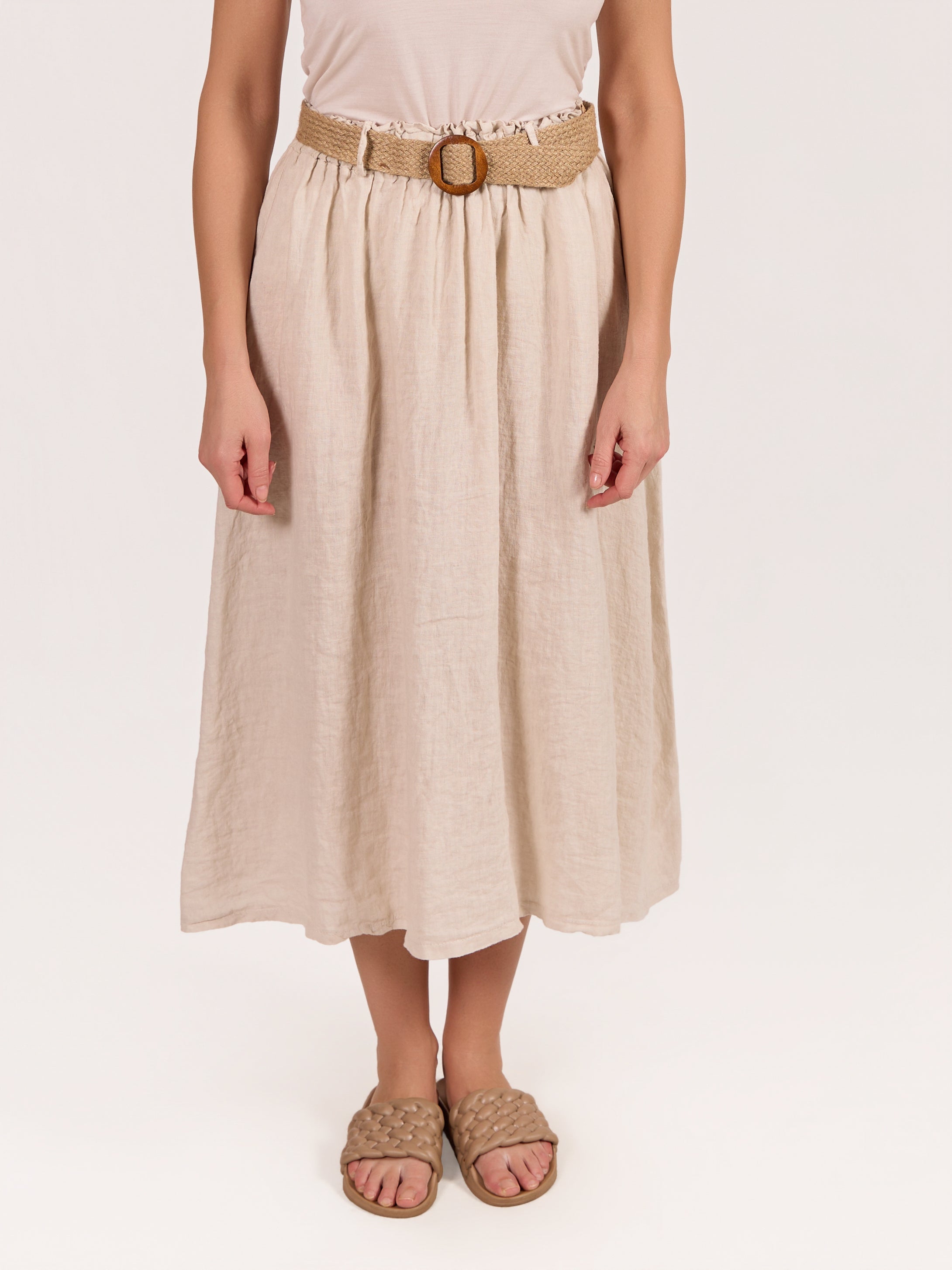 Beige Linen Belted Skirt