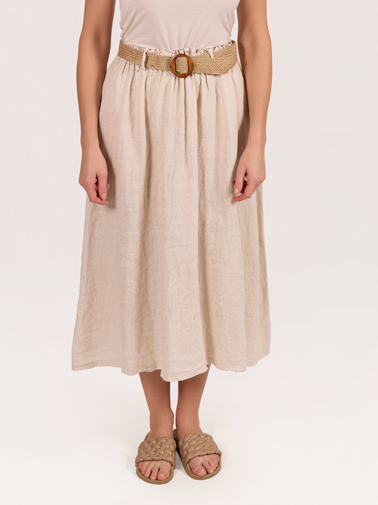 Beige Linen Belted Skirt