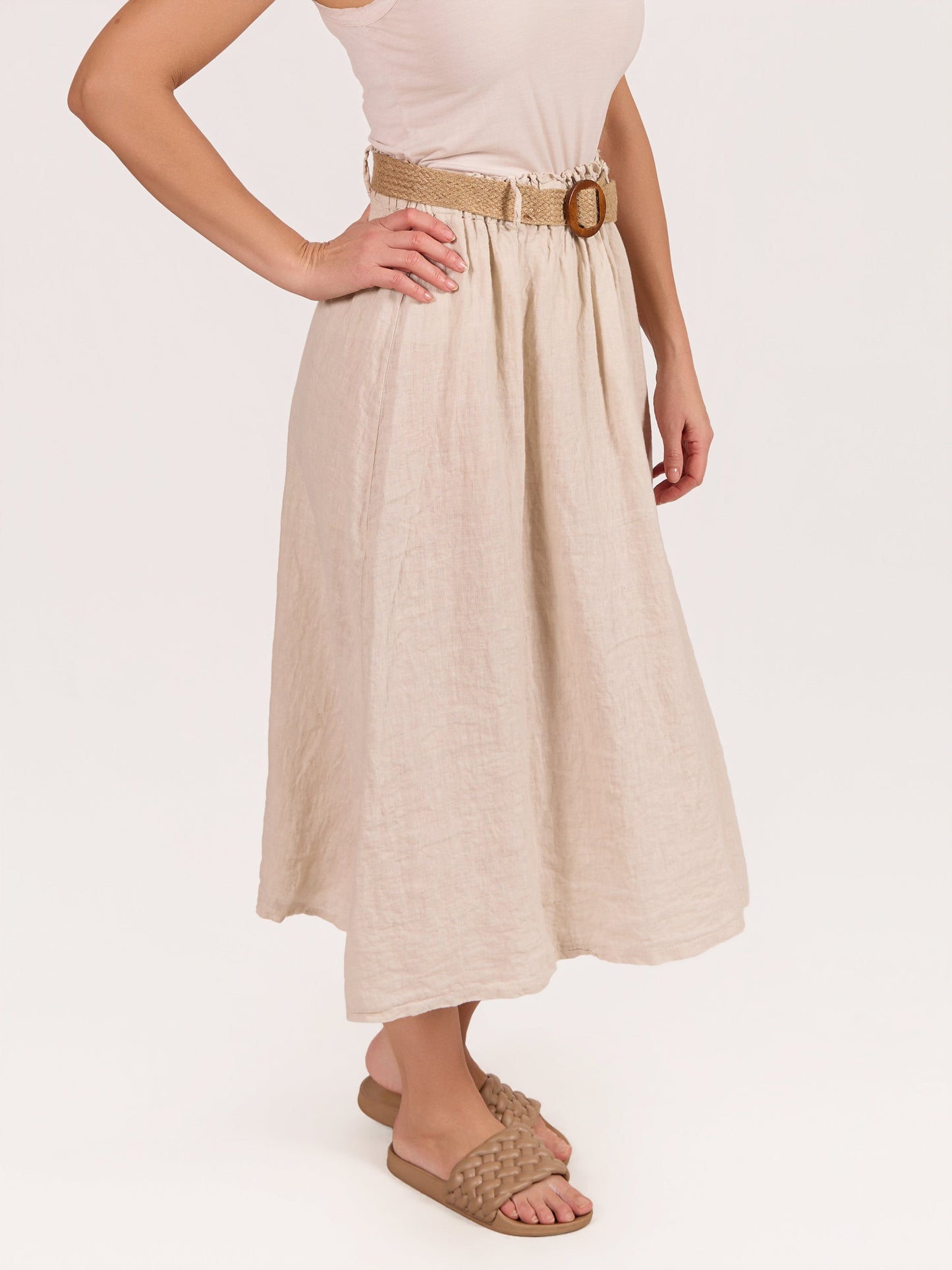 Beige Linen Belted Skirt