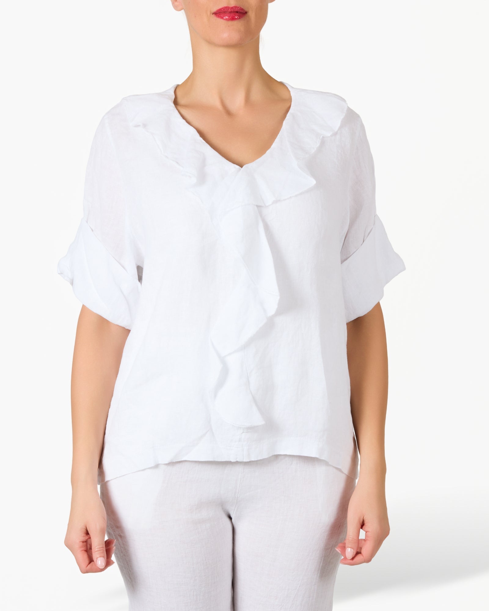 White Ruffle Front 3/4 Length Top