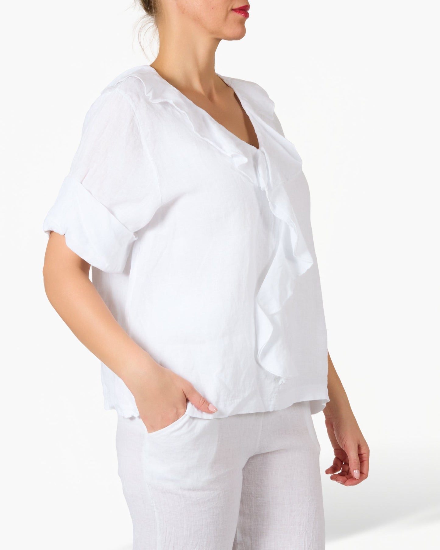 White Ruffle Front 3/4 Length Top