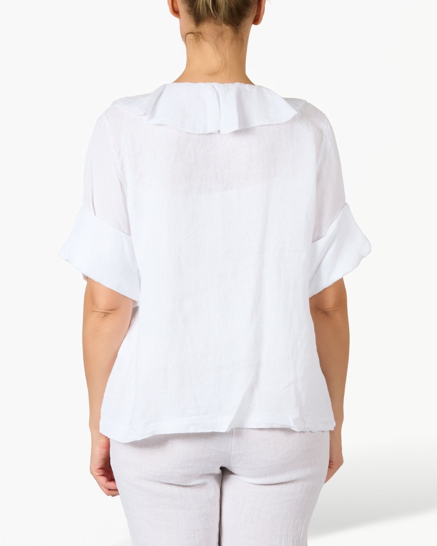 White Ruffle Front 3/4 Length Top