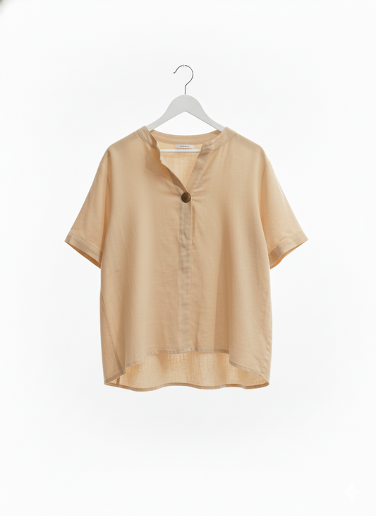 Beige Short Sleeve 1 Button Placket Front Shirt