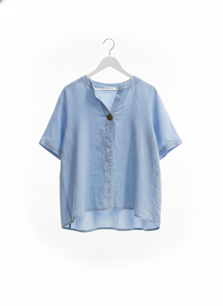 Chemise Bleue à Manches Courtes avec Patte de Boutonnage à 1 Bouton