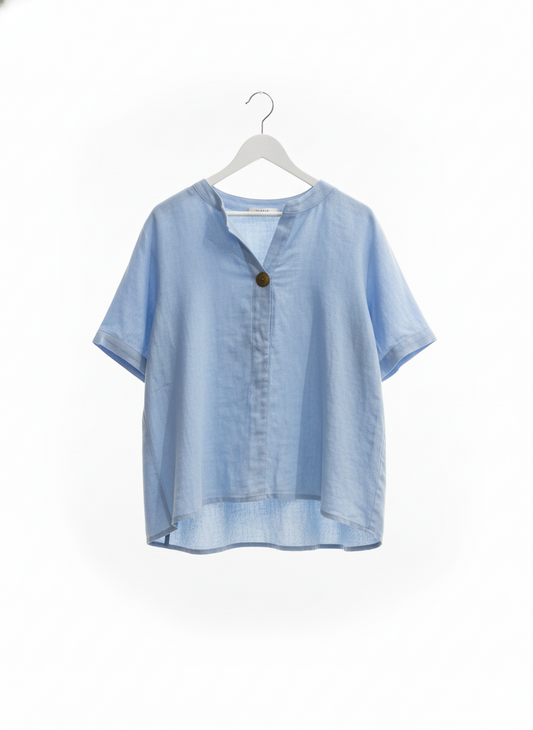 Blue Short Sleeve 1 Button Placket Front Shirt