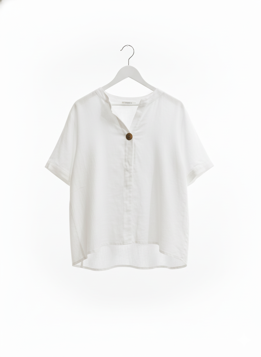 Chemise Blanche à Manches Courtes avec Patte de Boutonnage à 1 Bouton