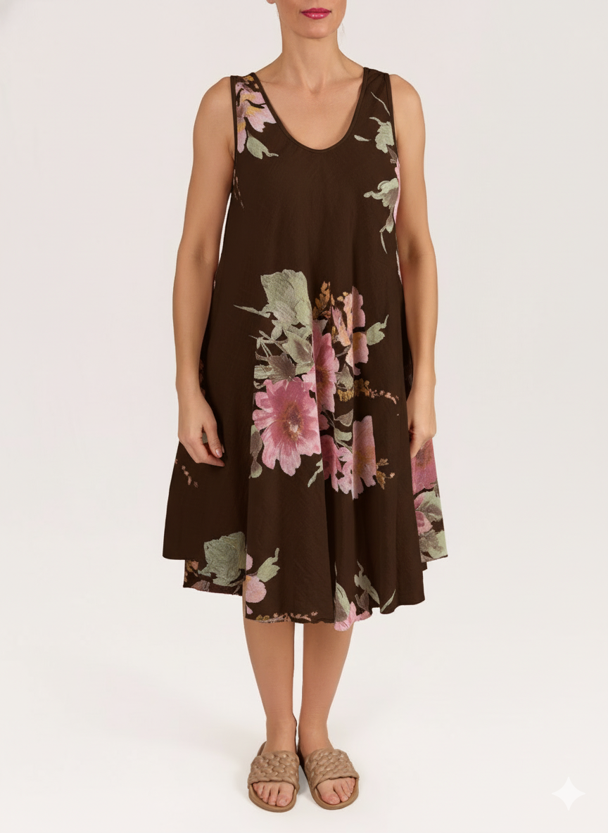Robe Espresso Sans Manches Évasée Ligne A à Imprimé Floral
