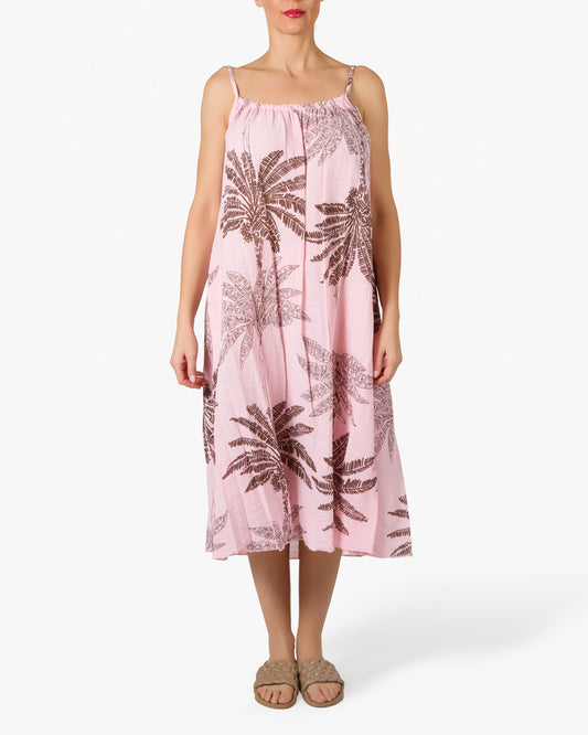 Rose Spaghetti Strap Palm Floral Gauze Dress