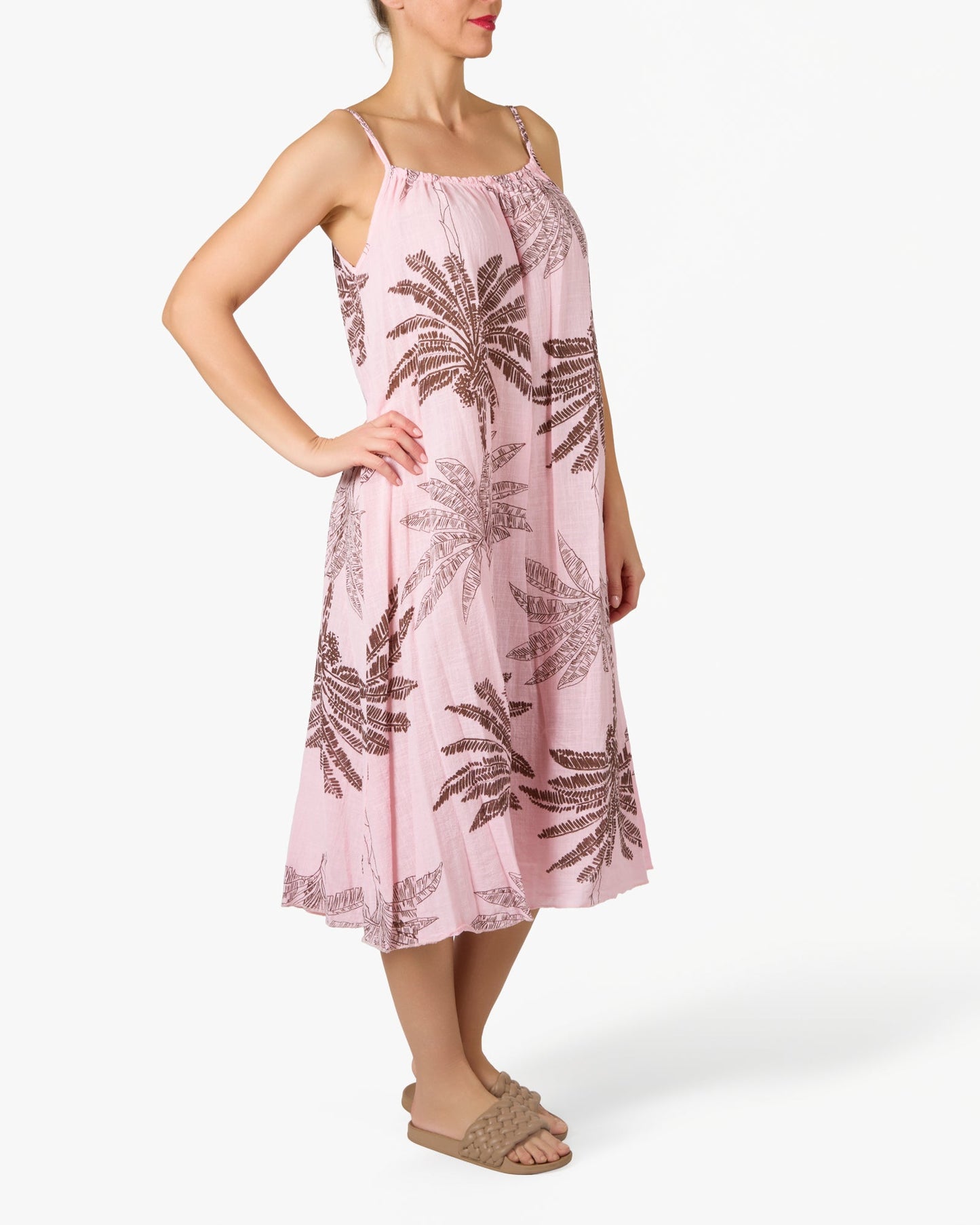 Robe Rose en Gaze à Bretelles Fines avec Imprimé Floral Palmier