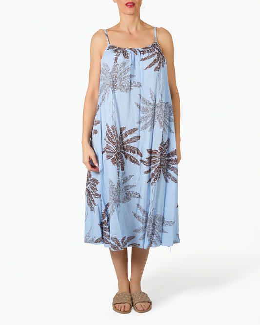 Blue Spaghetti Strap Palm Floral Gauze Dress