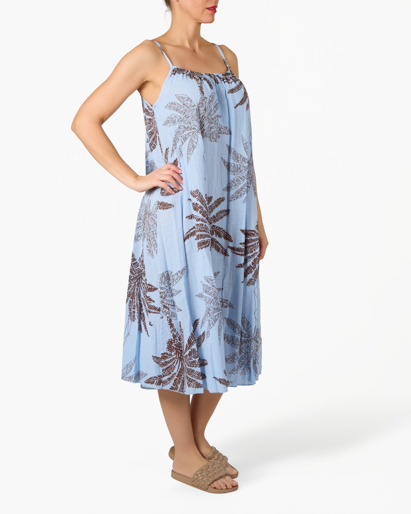 Blue Spaghetti Strap Palm Floral Gauze Dress