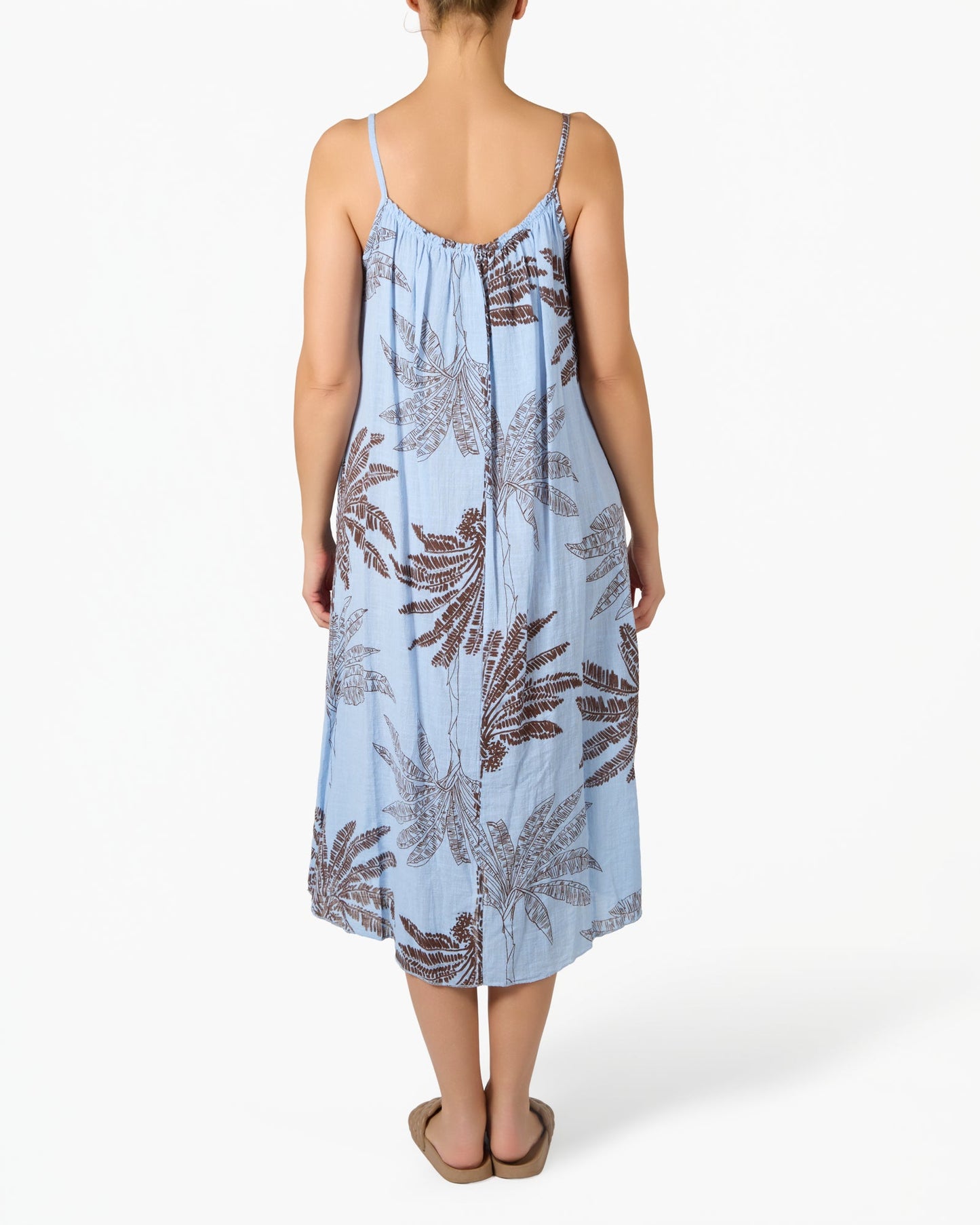 Blue Spaghetti Strap Palm Floral Gauze Dress