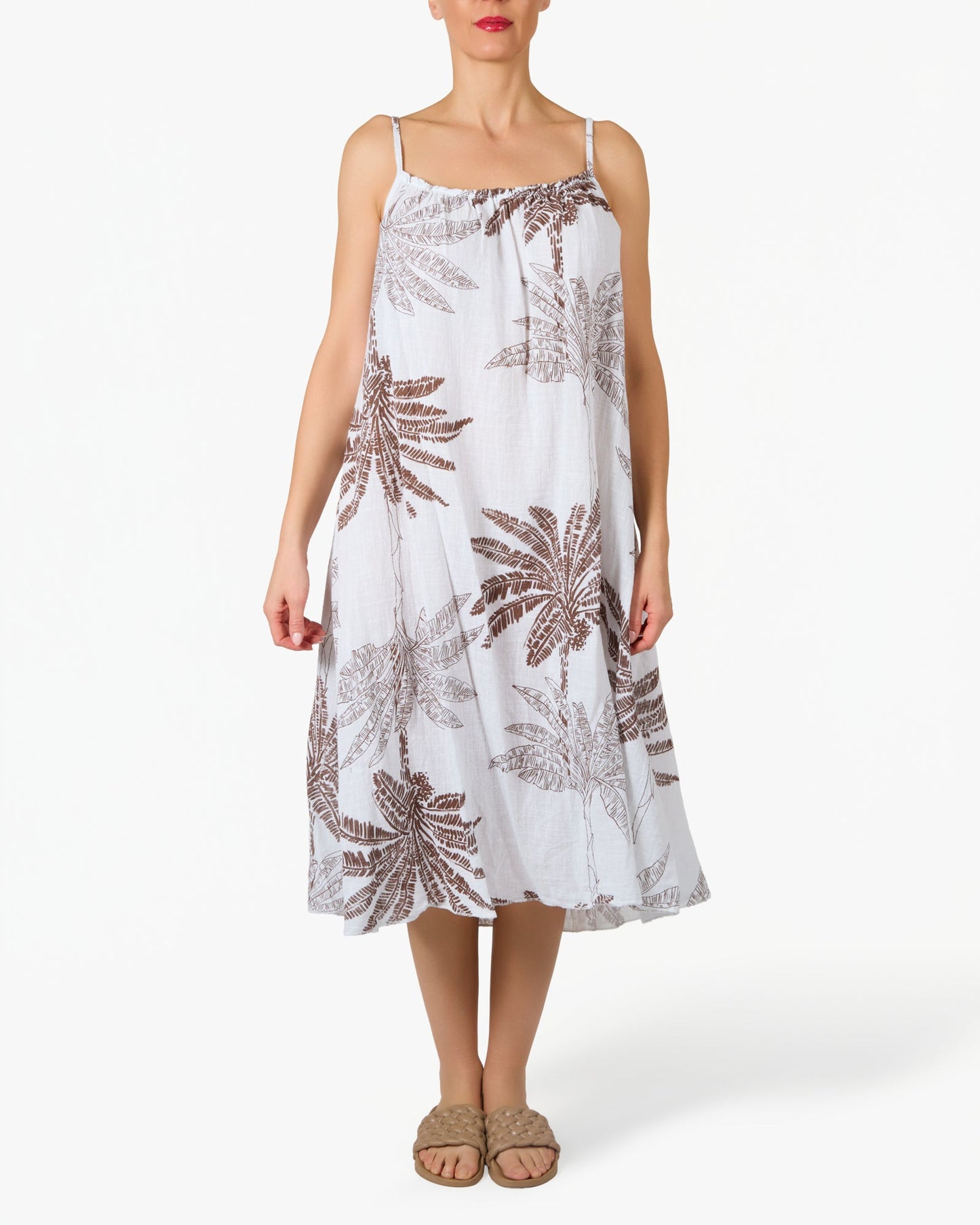 White Spaghetti Strap Palm Floral Gauze Dress