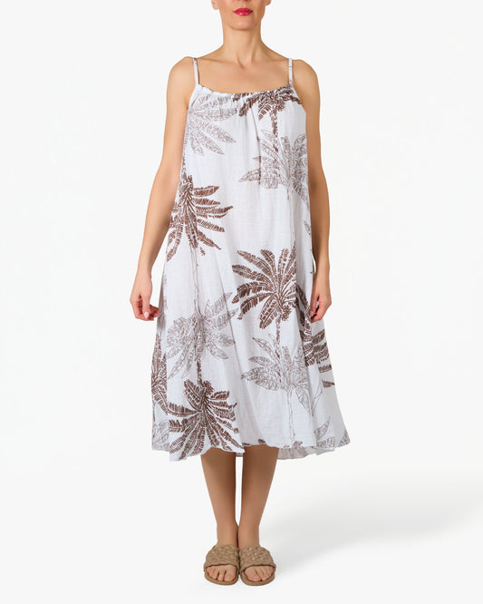 White Spaghetti Strap Palm Floral Gauze Dress