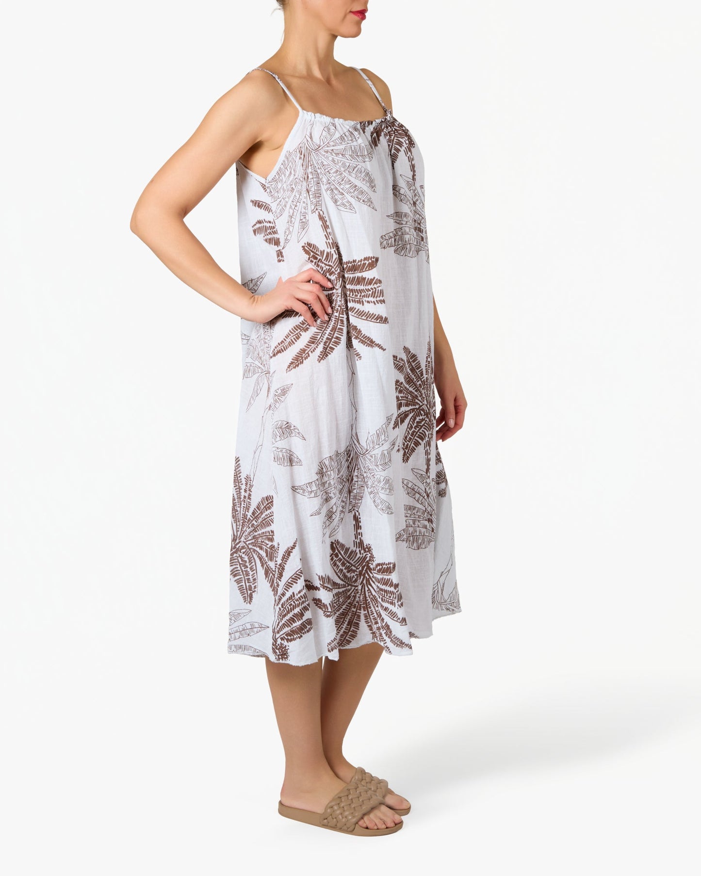 White Spaghetti Strap Palm Floral Gauze Dress