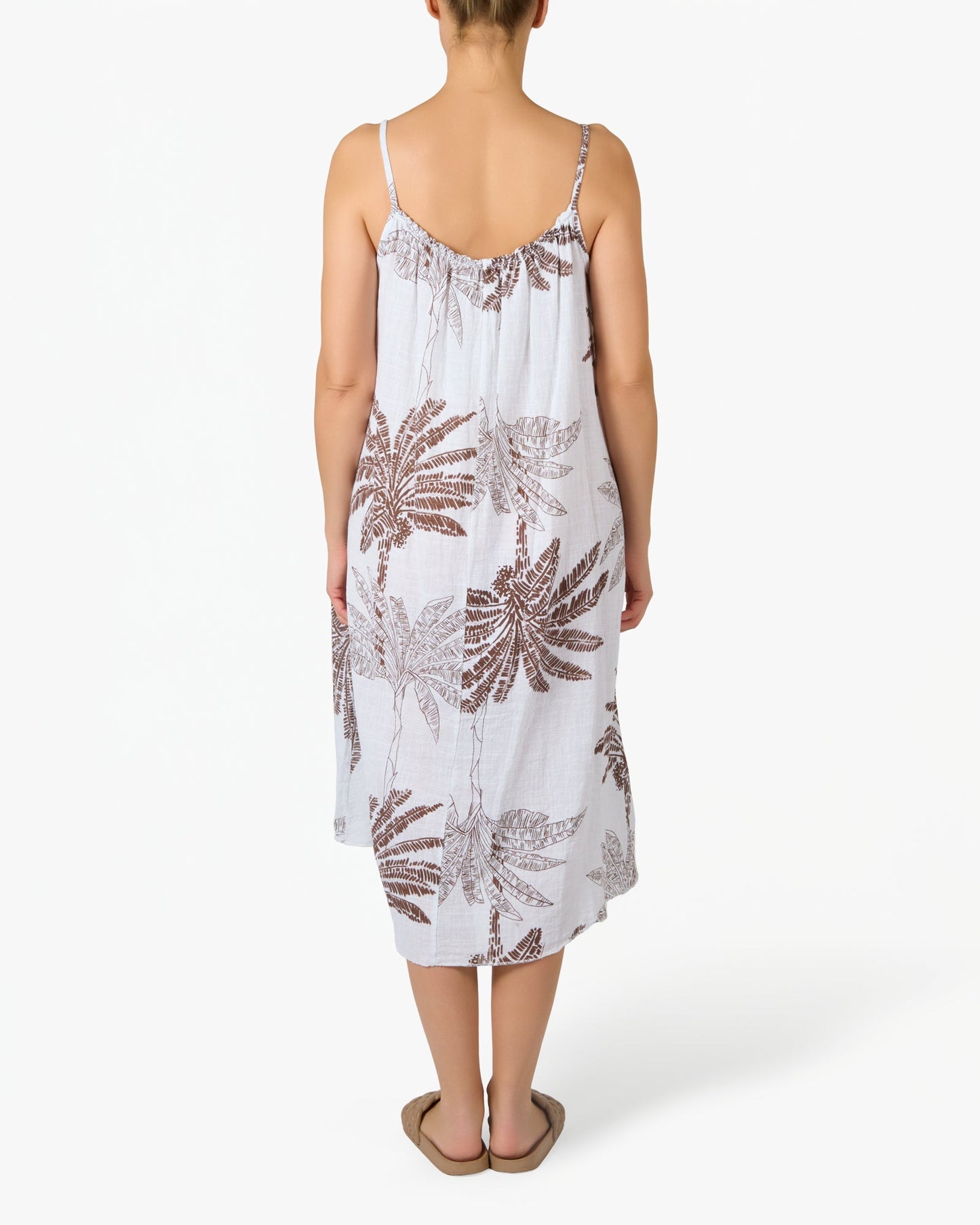 White Spaghetti Strap Palm Floral Gauze Dress