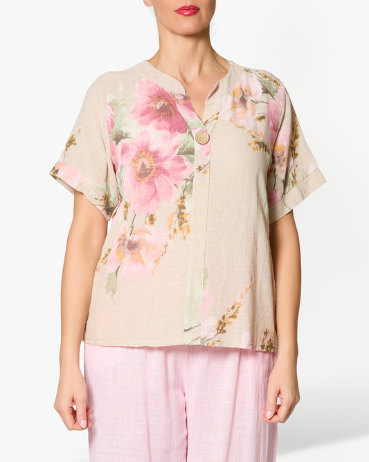 Beige Short Sleeve 1 Button Placket Front Floral Print Shirt