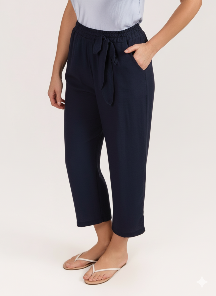 Midnight Cropped Flowing Beach Pants with Tie Front