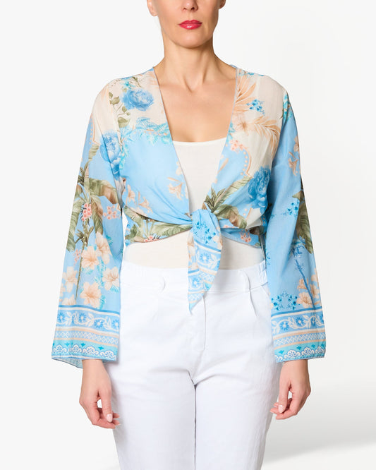 Blue Floral Border Long Sleeve Bolero