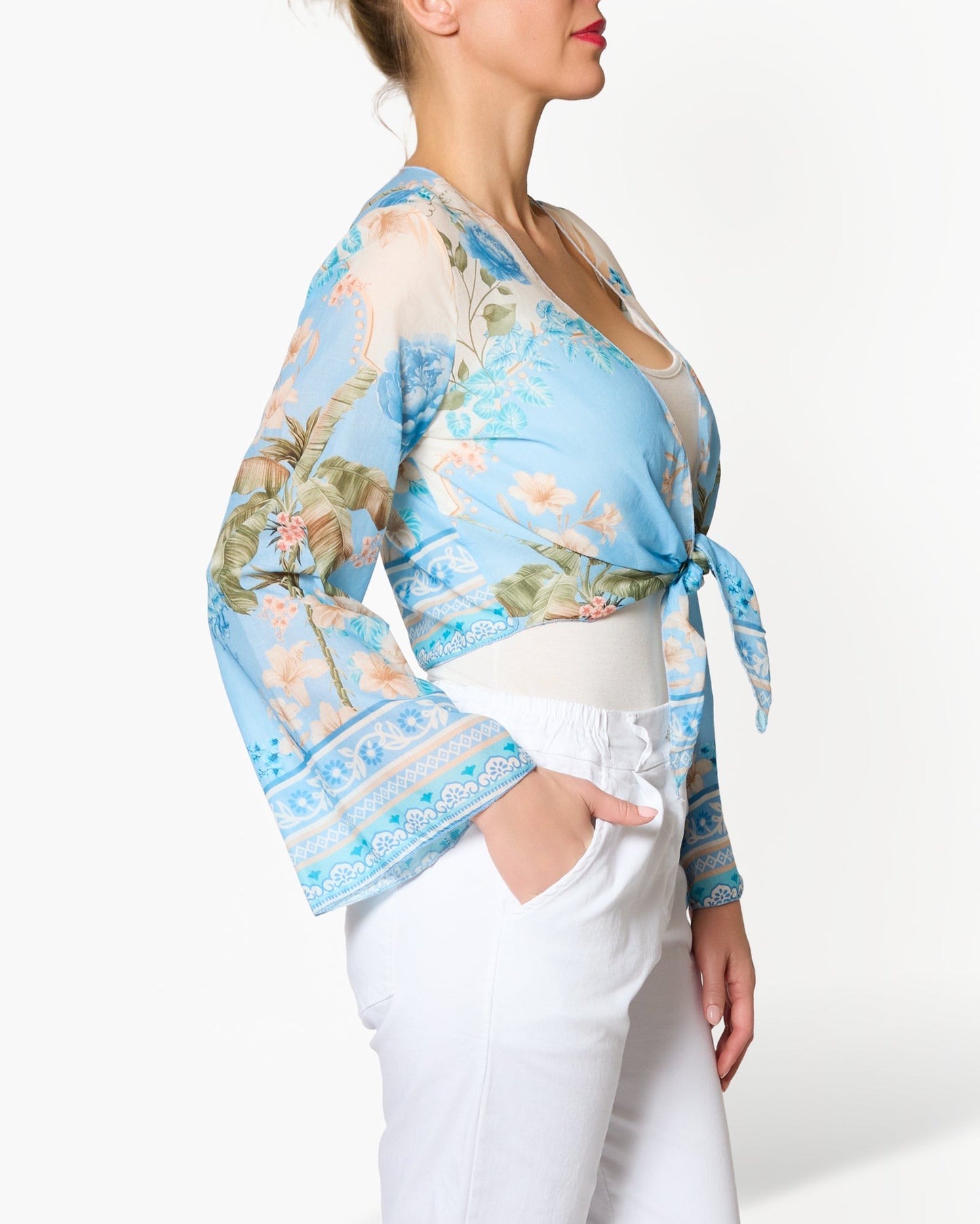Blue Floral Border Long Sleeve Bolero