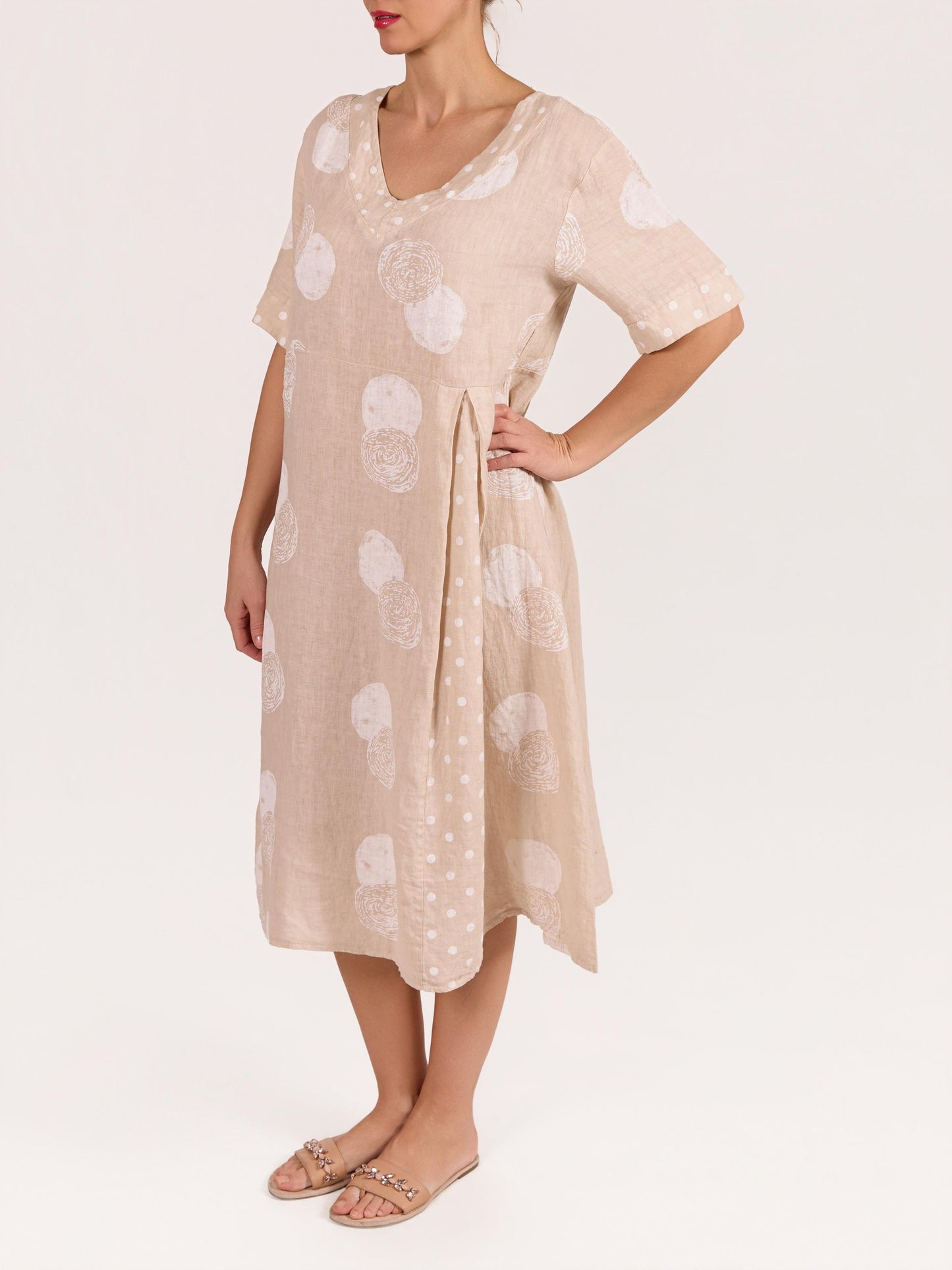 Beige V Neck Pleat Front Short Sleeve Cirlcle Dot Print Dress