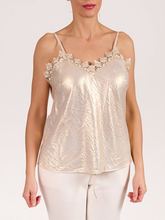 Gold Floral Sequin Applique Trim Foil Camisole