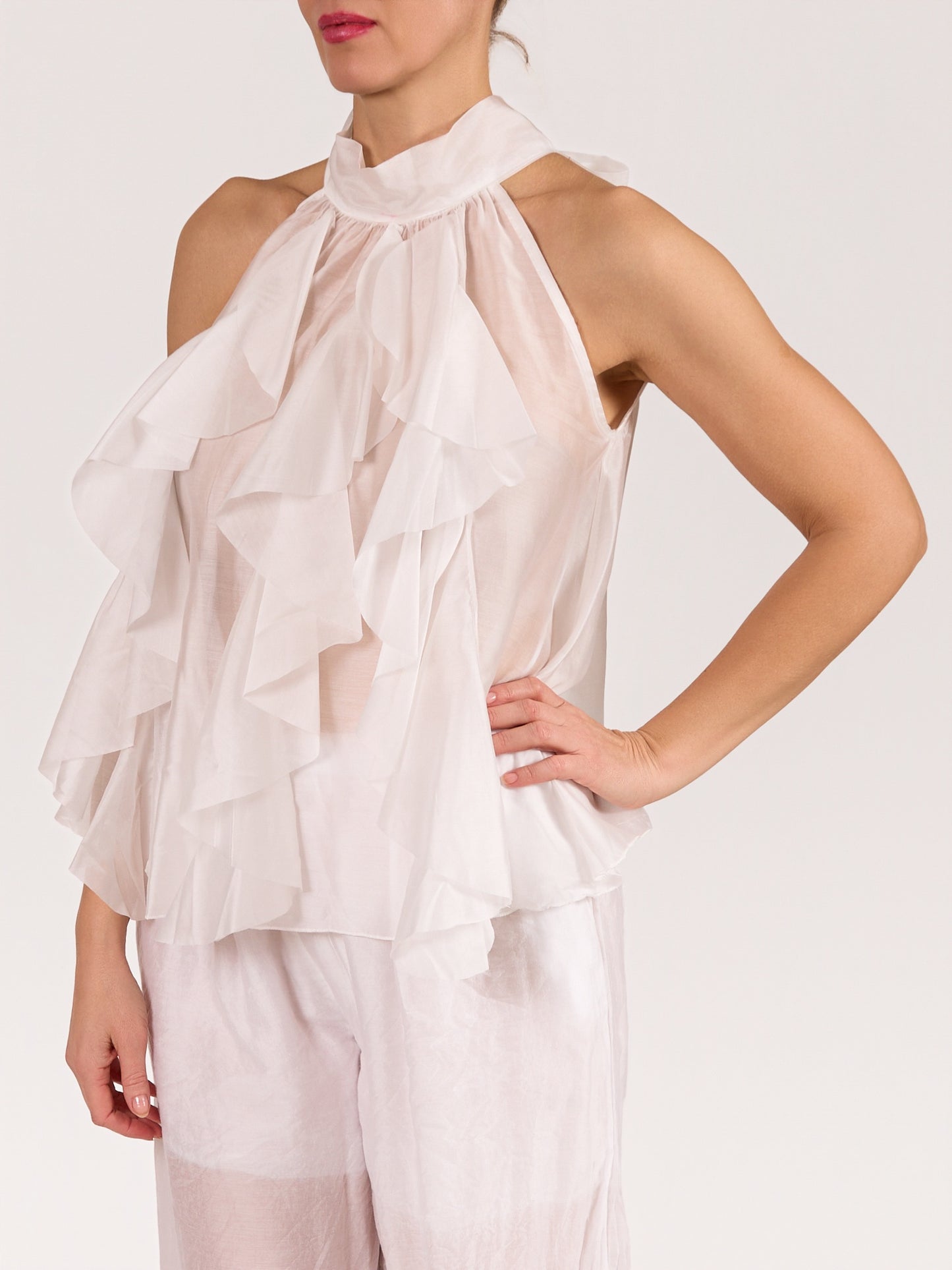 White Sleeveless Bow Tie Ruffle Front Blouse