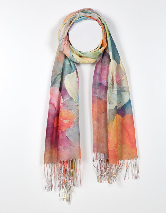 Fringed Floral Print Scarf in Multi