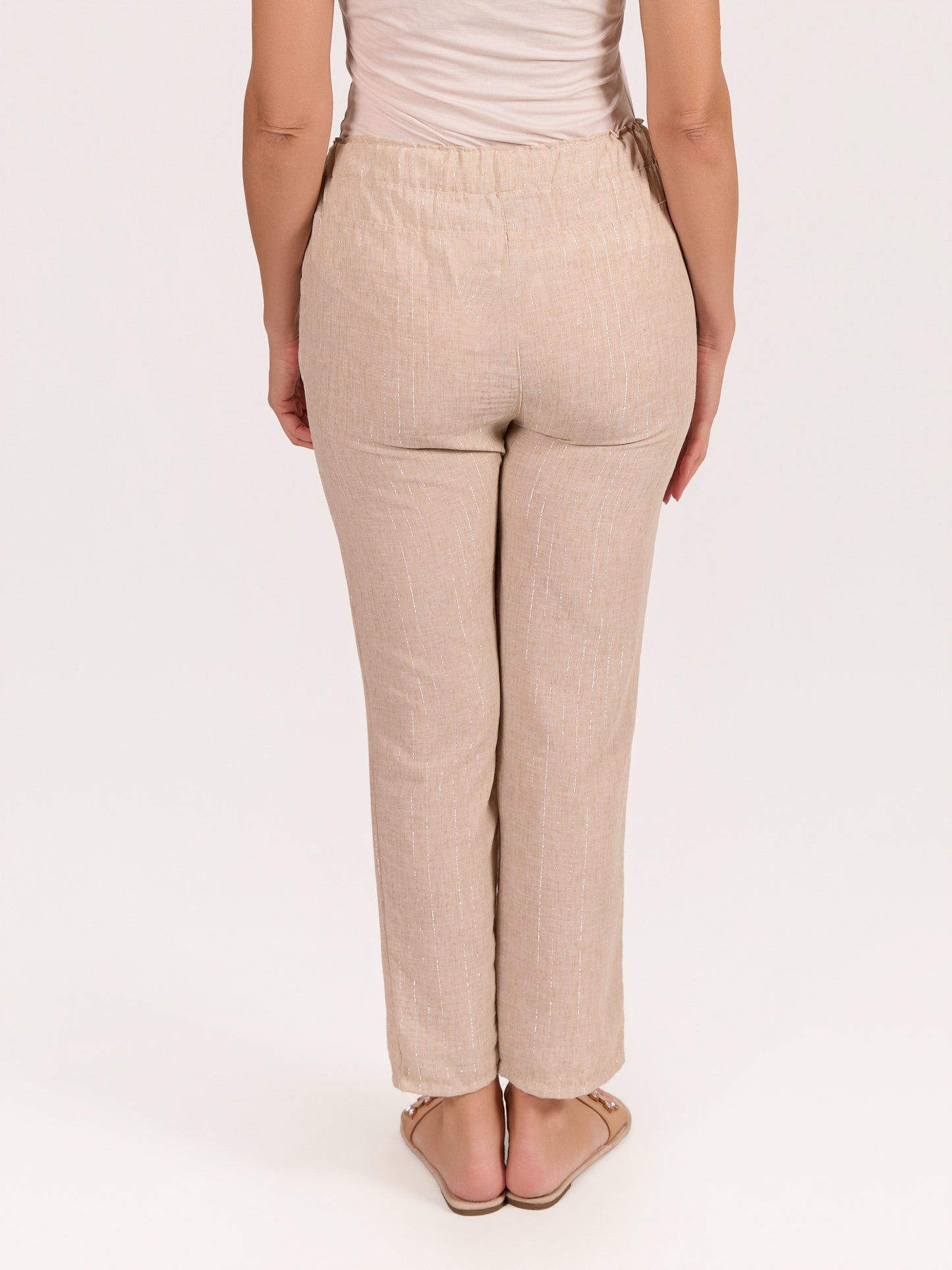 Beige Linen Blend Pull On Lurex Thread Pant
