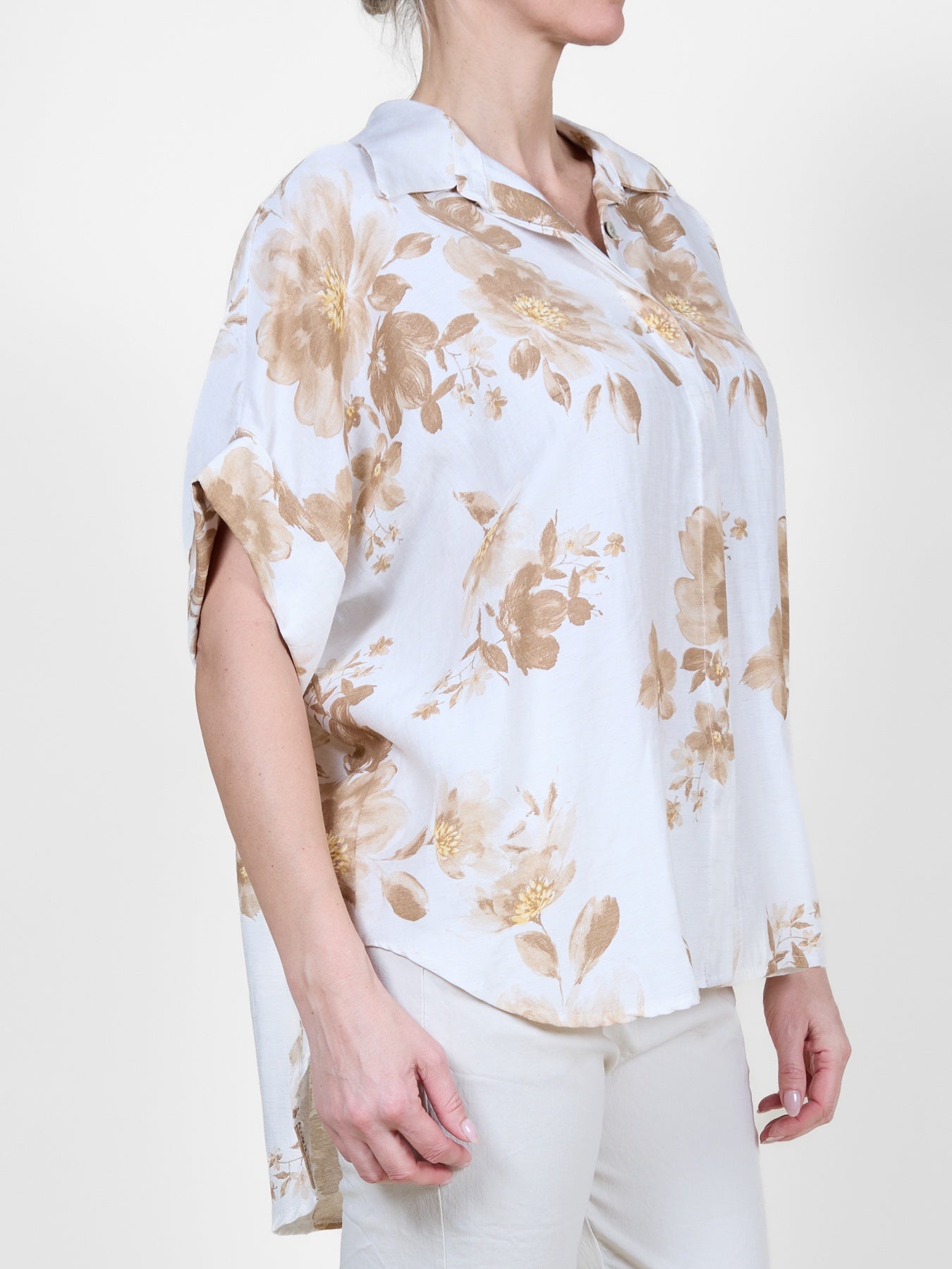 Macchiato Floral Button-Up Top with Cuffed Sleeves