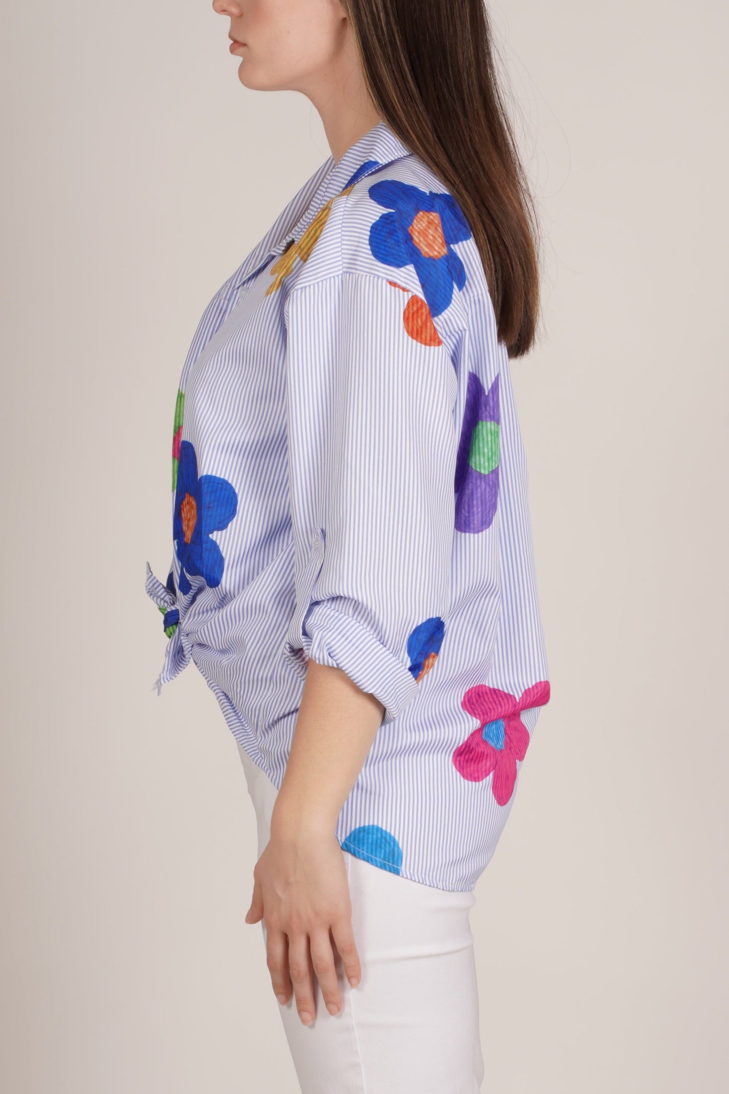 Ocean Blue Long Sleeve Button-Up Top with Daisy Print