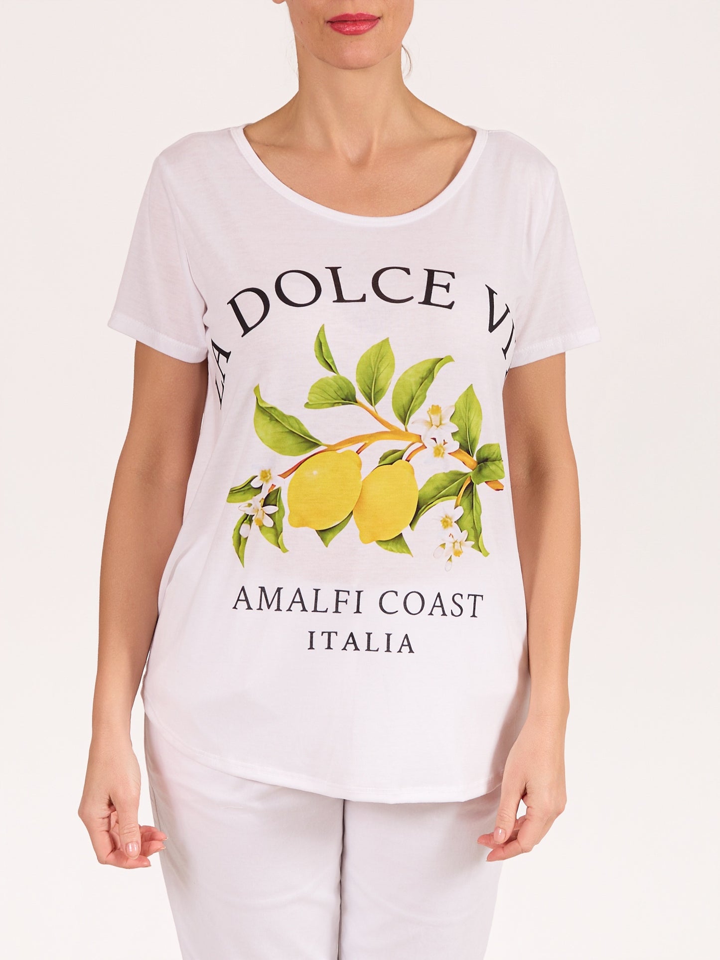T-shirt blanc à encolure ronde et manches courtes avec motif Lemon Dolce Vita