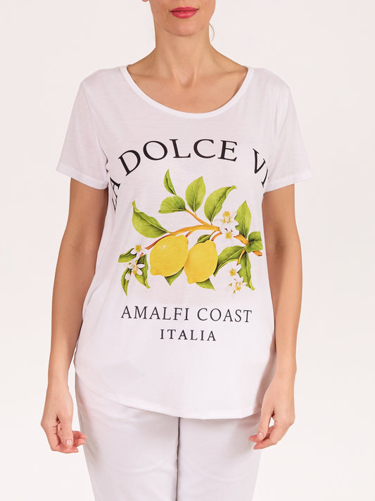 White Round Neck Short Sleeve Lemon Dolce Vita T-shirt