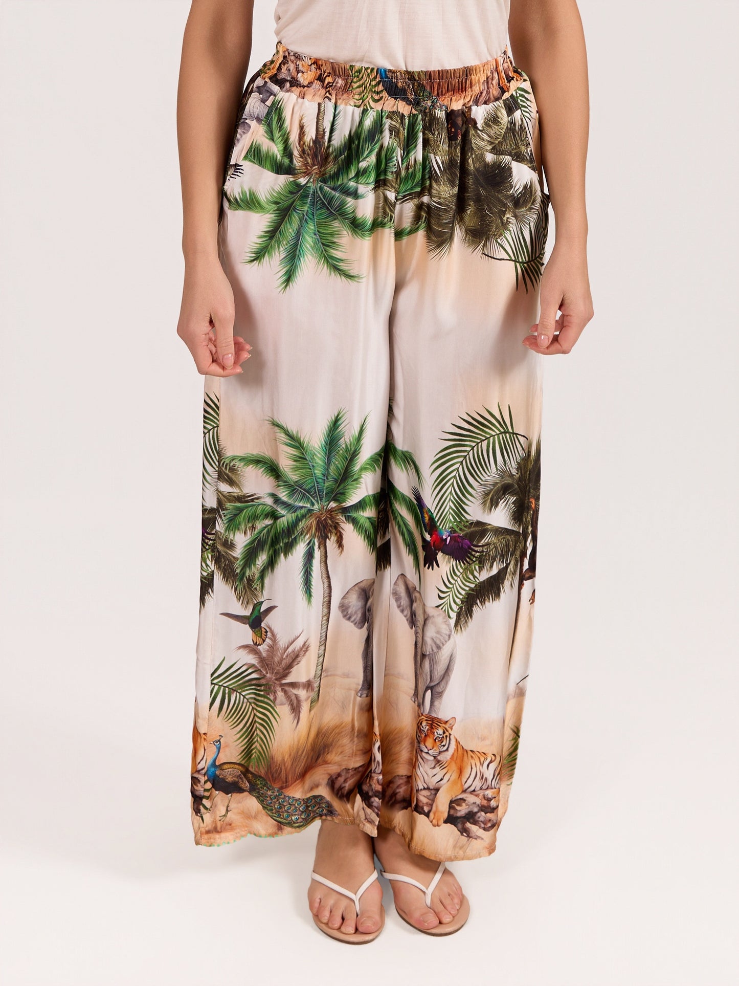 Green Pull On Satin Jungle Print Pant