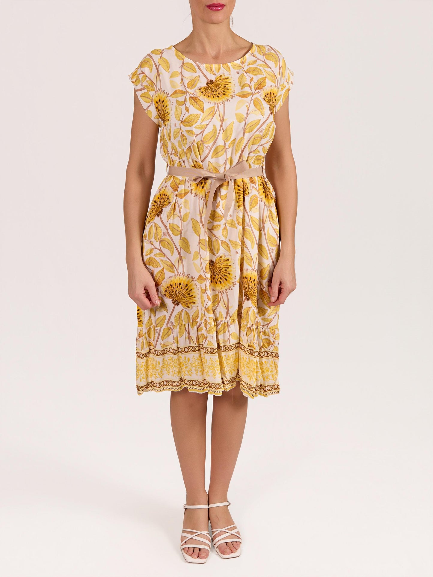Yellow Boat Neck Ribbon Belt Floral Ruffle Dress