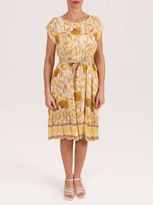 Yellow Boat Neck Ribbon Belt Floral Ruffle Dress